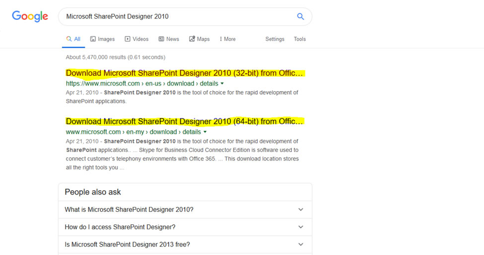 Google search results for Microsoft SharePoint designer