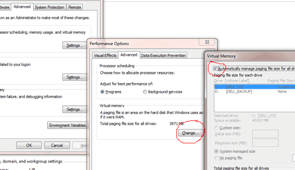 Virtual memory, click Change